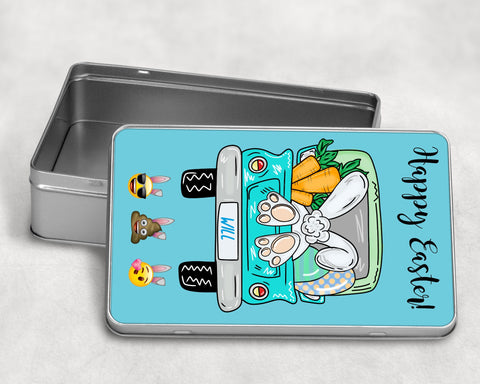 Vintage-Style Easter Tin: Bunny Truck Design, Keepsake Storage (5” x 7.75” x 2”)
