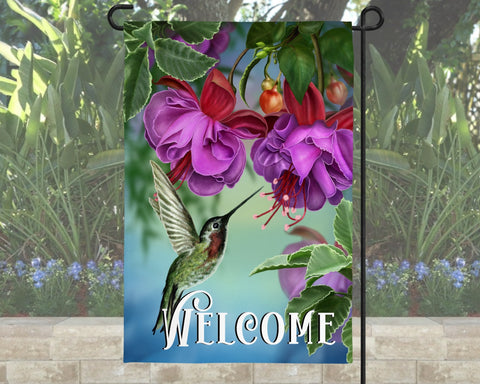 Hummingbird Welcome garden flag 12" x 18". Double Sided polyester flag