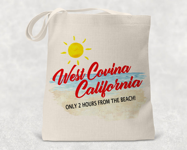 West Covina California Tote Bag: Faux Burlap Beach Design (14.5" x 16")