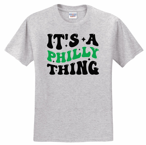 Gray t-shirt with 'It's a Philly Thing' text in black and green on a white background