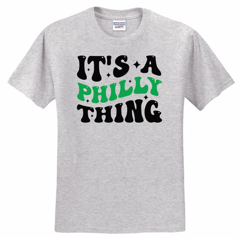Gray t-shirt with 'It's a Philly Thing' text in black and green on a white background