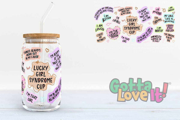 Lucky Girl Glass Tumbler | Affirmations, Bamboo Lid & Straw