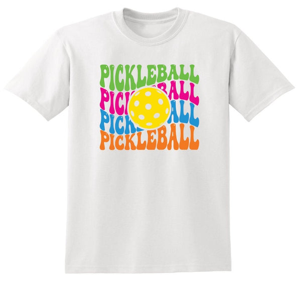White t-shirt with colorful 'Pickleball' text and pickleball ball graphic on a white background