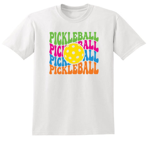 White t-shirt with colorful 'Pickleball' text and pickleball ball graphic on a white background