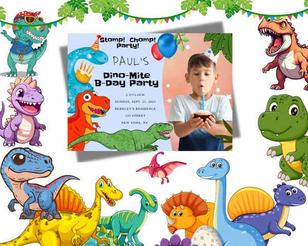 Dinosaur Birthday Party Invitation - Editable Digital Download with Custom Photo for boys ages 3-6