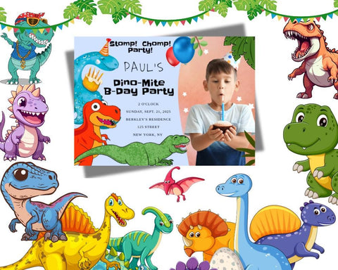 Dinosaur Birthday Party Invitation - Editable Digital Download with Custom Photo for boys ages 3-6