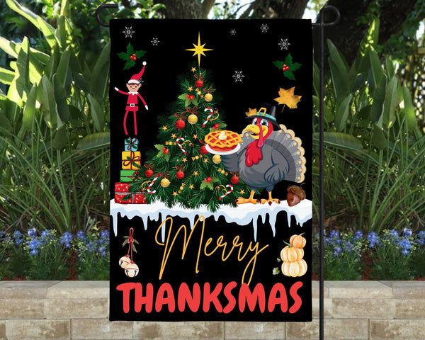 Merry Thanksmas Garden Flag: Double Sided Holiday Decor (12" x 18")