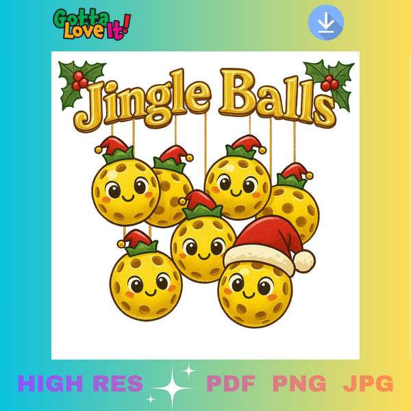 'Jingle Balls' with cartoon Christmas balls wearing Santa hats on a colorful background.