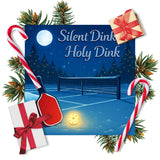 Holiday-themed ping pong table with 'Silent Dink Holy Dink' text, surrounded by Christmas decorations.