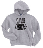 Girls Just Wanna Have Guns Sporty Grey Gildan Unisex Hoodie Sizes up to 5 xl, Pistol, Hunting, Handgun Hoodie