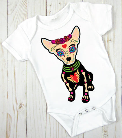 Sugar Skull Chihuahua Bodysuit, Sugar Skull, Halloween, Day of the Dead Infant Creeper Bodysuit